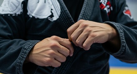 Martial artist binds kimono close view sports closeup gym