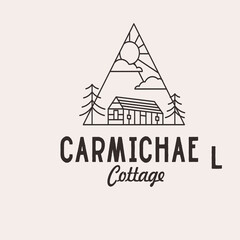 Fototapeta premium Minimalist Line Art Triangle Cabin Logo with Pine Tree Landscape
