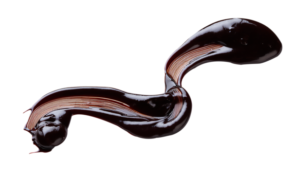 A ribbon like shape of dark sauce spill isolated on white background