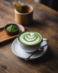 Cozy cup of matcha latte with foam art on wooden table, Japanese tea shop vibe