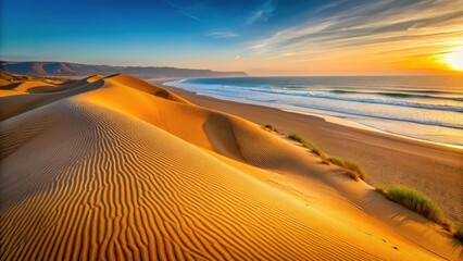 Naklejka premium Warm yellow sand dunes stretching along Agadir beach at sunrise, agadir, atlantic coast, agadir,atlantic coast