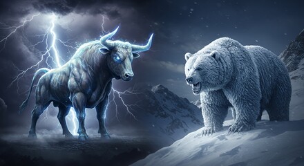 Clash of Titans: Bull vs. Bear in a Dramatic Mountain Setting