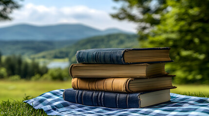 Stack of aged books set upon a gingham blanket amidst scenic landscape