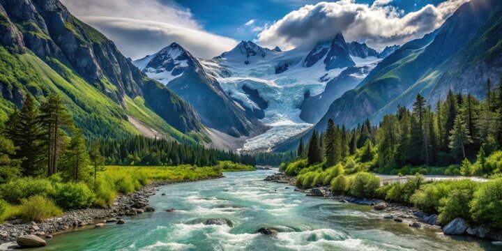 Serene glacier river flowing through a valley surrounded by towering mountains and lush greenery , scenery, rivers
