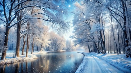 A serene snow-covered forest road with bare trees and frozen lake in the background, surrounded by snowflakes gently falling from the sky, icy terrain, forest road