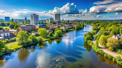 Panoramic view of Richmond cityscape with River James in background, capital city, blue sky, capital city