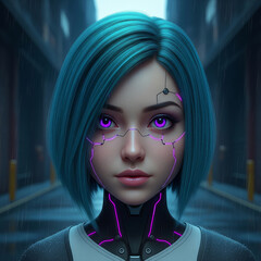 Cyberpunk Beauty Artificial Girl with Neon Technology in the City