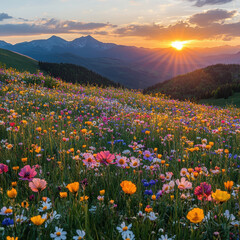 Fototapeta premium Mountainside ablaze with vibrant wildflowers under a golden sunset.