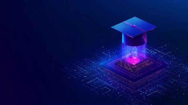 AI education or machine learning background. Abstract digital tech bg. AI chip and graduate hat in blue with light neon effects. Artificial Intelligence concept. Low poly wireframe vector illustration - Powered by Adobe