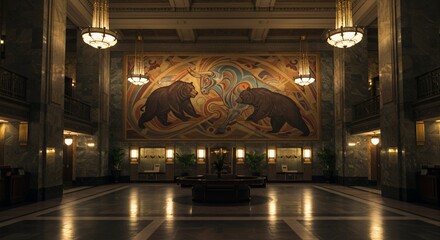 Obraz premium Majestic Lobby with a Wall Mural of Bears and Bulls