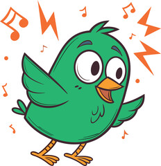 Cartoon Green Bird Singing with Music Notes and Lightning Bolts Illustration
