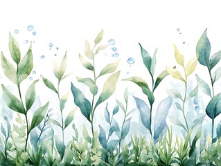 Underwater Watercolor Plants Border.
