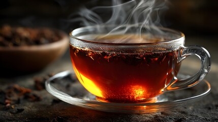 A steaming cup of dark tea sits on a glass saucer beside a bowl of aromatic spices.