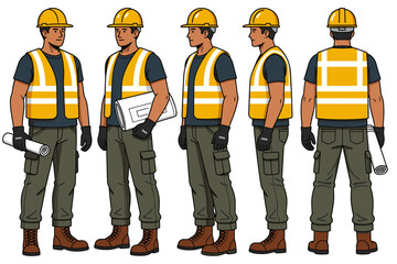 muscular male, yellow safety helmet, reflective vest, cargo pants, gloves, dusty boots, holding blueprint tube
