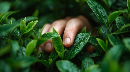 A hand gently reaches into a lush green tea plantation, picking fresh dew-kissed leaves for premium tea production.