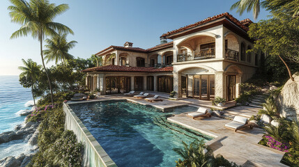 Fototapeta premium Luxurious oceanfront villa with stunning pool and tropical surroundings, perfect for relaxation