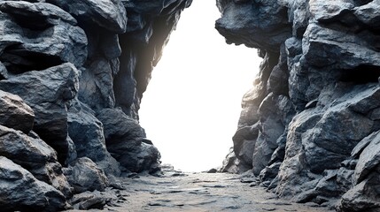 A bright, unseen light shines through a narrow passage carved between dark, rough, textured rock formations.  The path ahead is rocky and leads directly to the light source