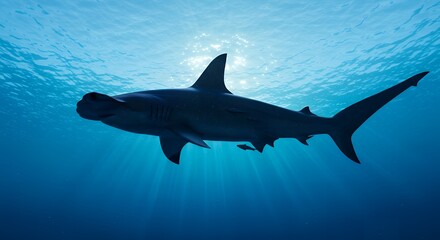 Obraz premium Underwater Silhouette of a Hammerhead Shark Swimming Towards the Sun