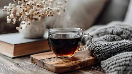 A steaming cup of tea sits on a wooden board next to a cozy knit blanket and book creating a warm and inviting autumn scene.