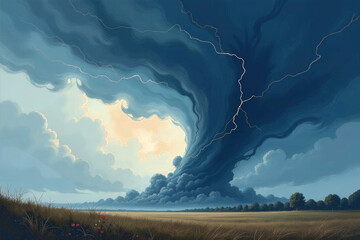 Tornado in a painterly impressionist style, swirling brushstrokes of storm clouds and lightning, moody and abstract interpretation
