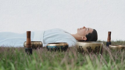 sound healing, Woman resting, sound bowls, grass, therapy