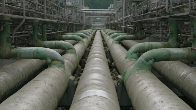 Industrial landscape with multiple parallel pipes running through a plant for processing or transport of materials, low angle view