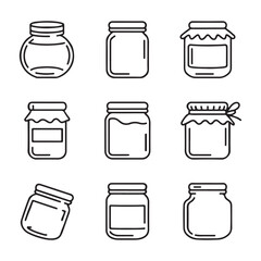 Jar and Food Storage Icons Set. Collection of Line Art Glass Jars with Different Lids
