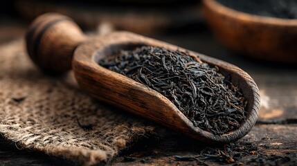 Dried black tea leaves in a rustic wooden scoop rest on burlap fabric over a dark wooden surface.