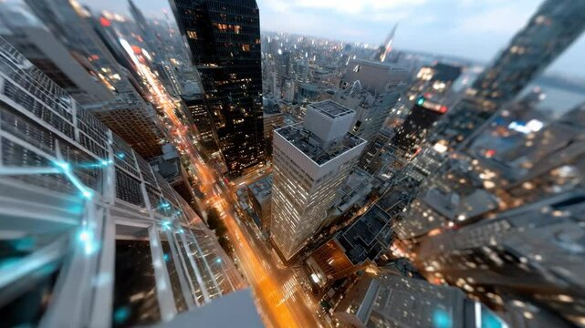 Futuristic fall from a high-rise building with glowing city lights