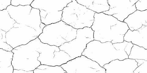 Abstract white brick wall with black grout lines shows a cracked and aged texture, and tear on the surface of the brick pattern	