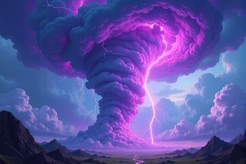 Fantasy realm tornado with magical energy swirling in its core, purple lightning and glowing storm clouds, surreal elemental storm design