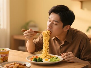 A man is eating instant noodles with chopsticks. The noodles are long and are almost out of his mouth. The man is eating a plate of food that includes vegetables and eggs
