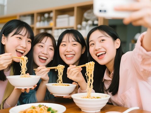 Cheerful girls of Asian ethnic friends, enjoying eating noodles together. They smile brightly while capturing a fun and playful moment