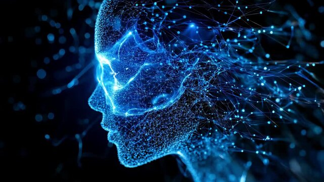 Abstract human head consists of connected dots, lines, and polygons flows into the wires of a circuit. The silhouette of a cyborg in low poly blue. AI face concept. Artificial Intelligence background