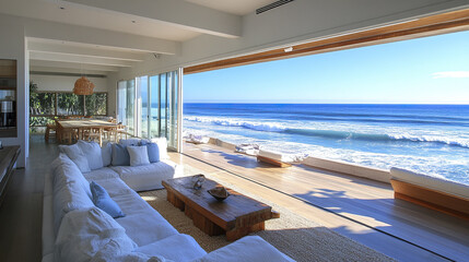 Fototapeta premium modern living room with ocean view, featuring large windows and cozy atmosphere