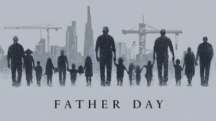 Significant celebration of Father's Day with fathers walking hand in hand with children in an urban construction setting