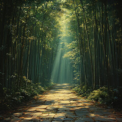 Fototapeta premium Sunlight streams through trees along a forest path.