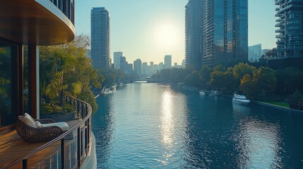 Luxury Apartment Balcony Overlooking City Canal at Sunrise
