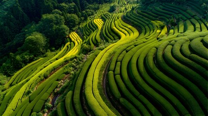 Lush green tea plantations form dramatic rolling hills in a scenic aerial view showcasing vibrant natural beauty.