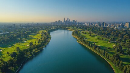 Aerial View of Melbourne Skyline and Albert Park Lake