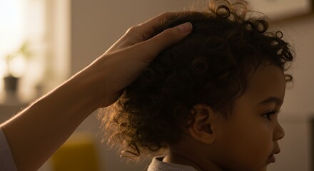 Naklejka premium Tender Affection: A Gentle Hand on a Child's Curly Hair