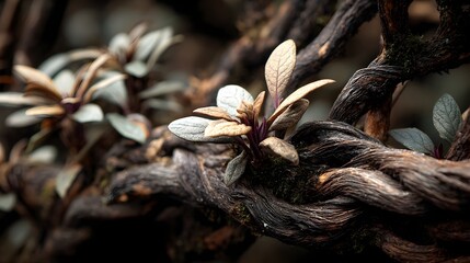 Delicate silver-grey leaves sprout from dark gnarled wood in a moody close-up nature scene showcasing intricate textures and details.