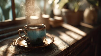 Warm steam rises from a rustic blue teacup resting on a wooden ill bathed in soft sunlight.