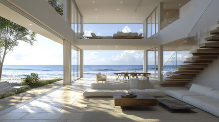 Fototapeta premium Modern oceanfront property with spacious interior and stunning views