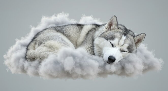 Dreamy slumber, huskey puppy resting serenely on a fluffy cloudscape backdrop