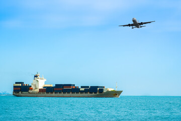 Aerial view of the freight shipping transport system cargo ship container. international...