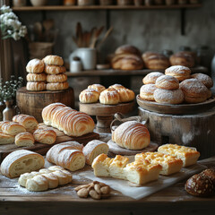 Table topped with assorted bread and pastries.