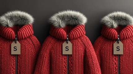 Three Red Knitted Winter Coats with Fur Hoods and Size S Tags