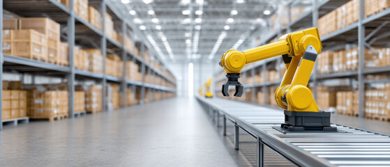 Robotic arm in warehouse using advanced technology for efficient construction and automation in modern industrial environment