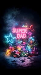 Fototapeta premium Celebrate Father's Day with a vibrant neon sign featuring Super Dad and colorful decorative elements